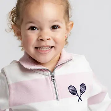 Model Wearing Monica + Andy Quarter Zip Sweatshirt_disney Minnie Mouse Pink Stripe
