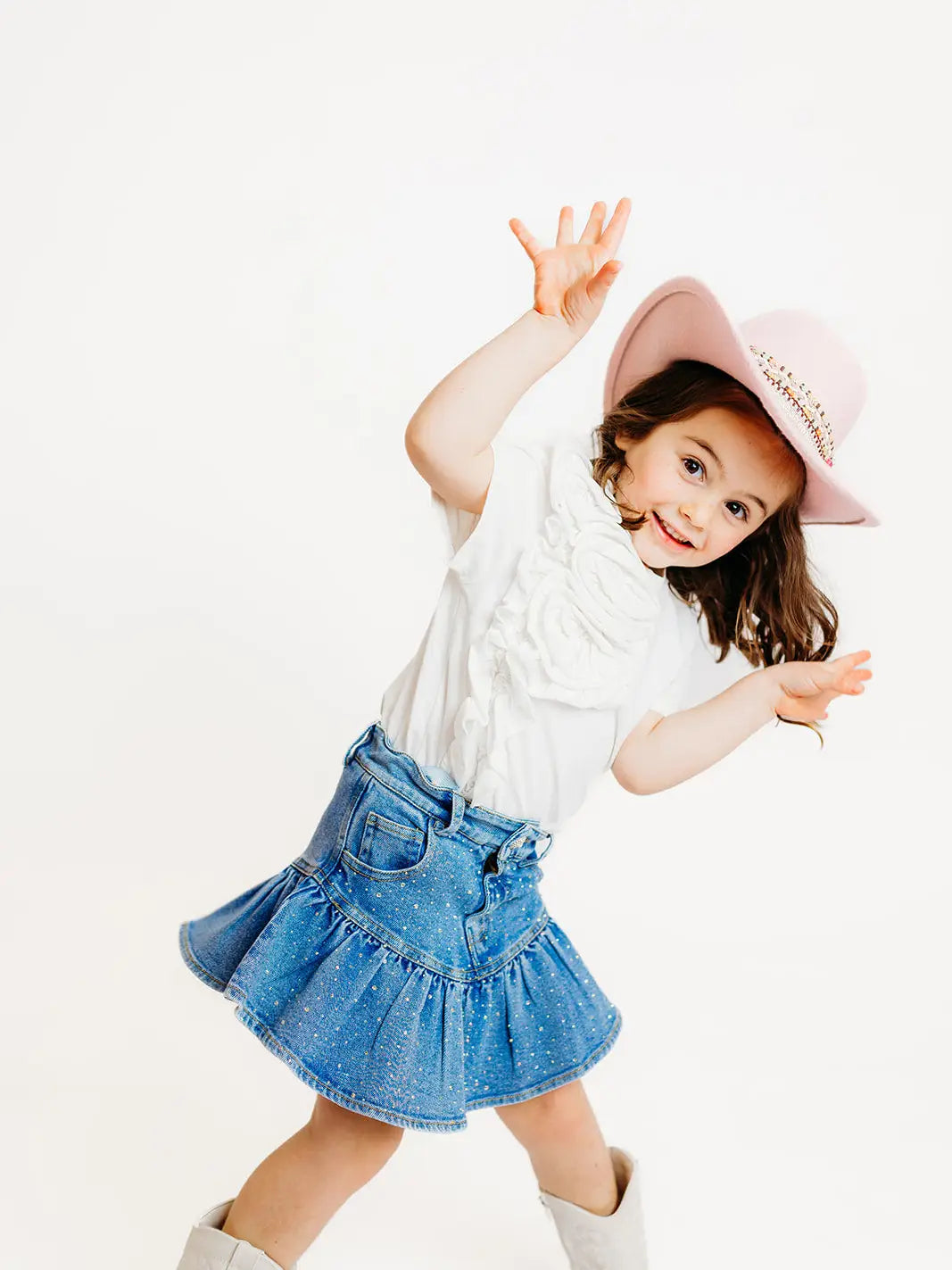 Model Wearing Three Wildflower Designs Denim Embellished Skort