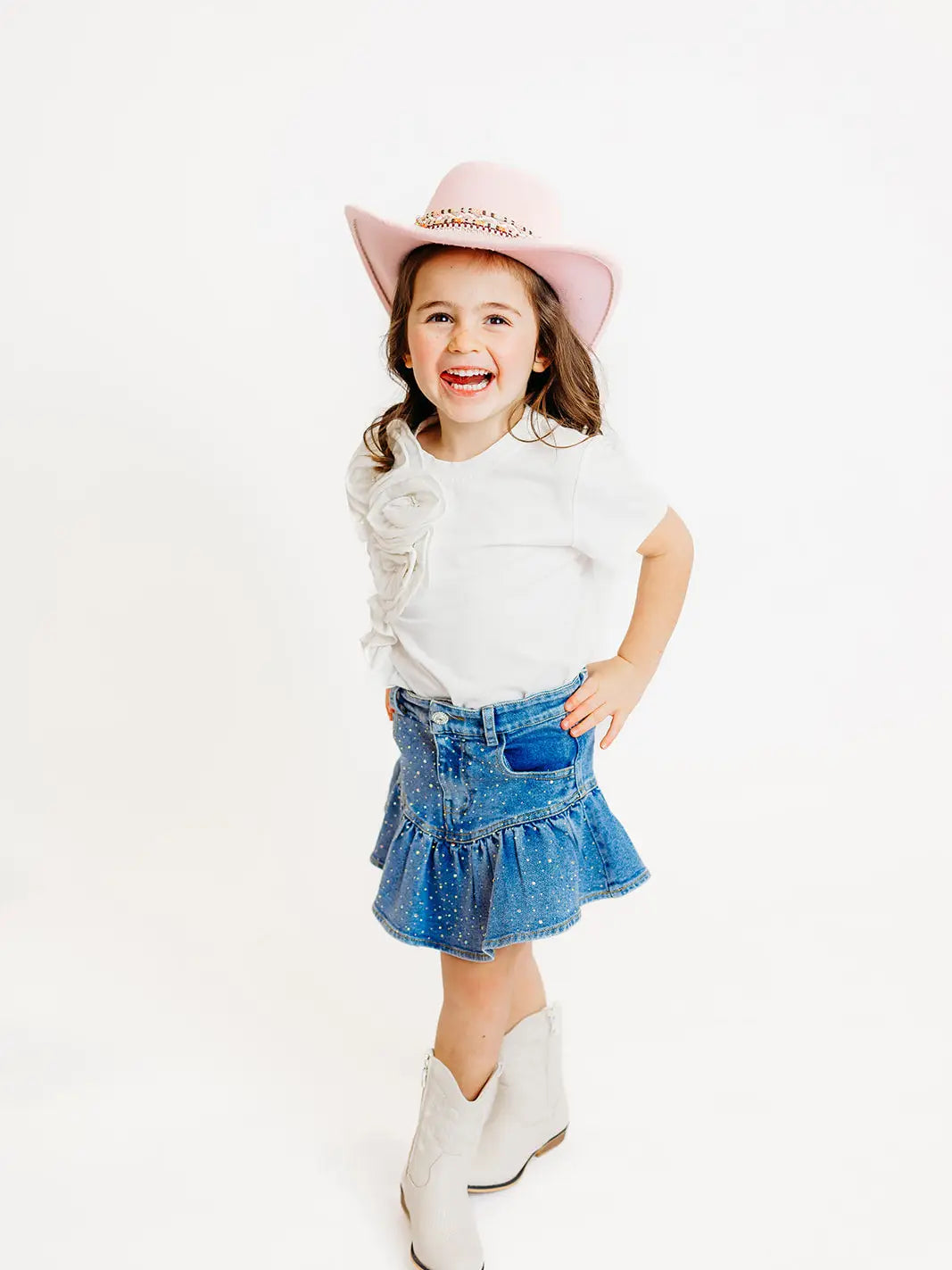 Model Wearing Three Wildflower Designs Denim Embellished Skort