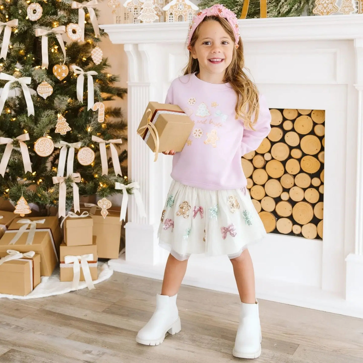 Model Wearing Sweet Wink Gingerbread Sequin Christmas Tutu Skirt - Kids Clothing
