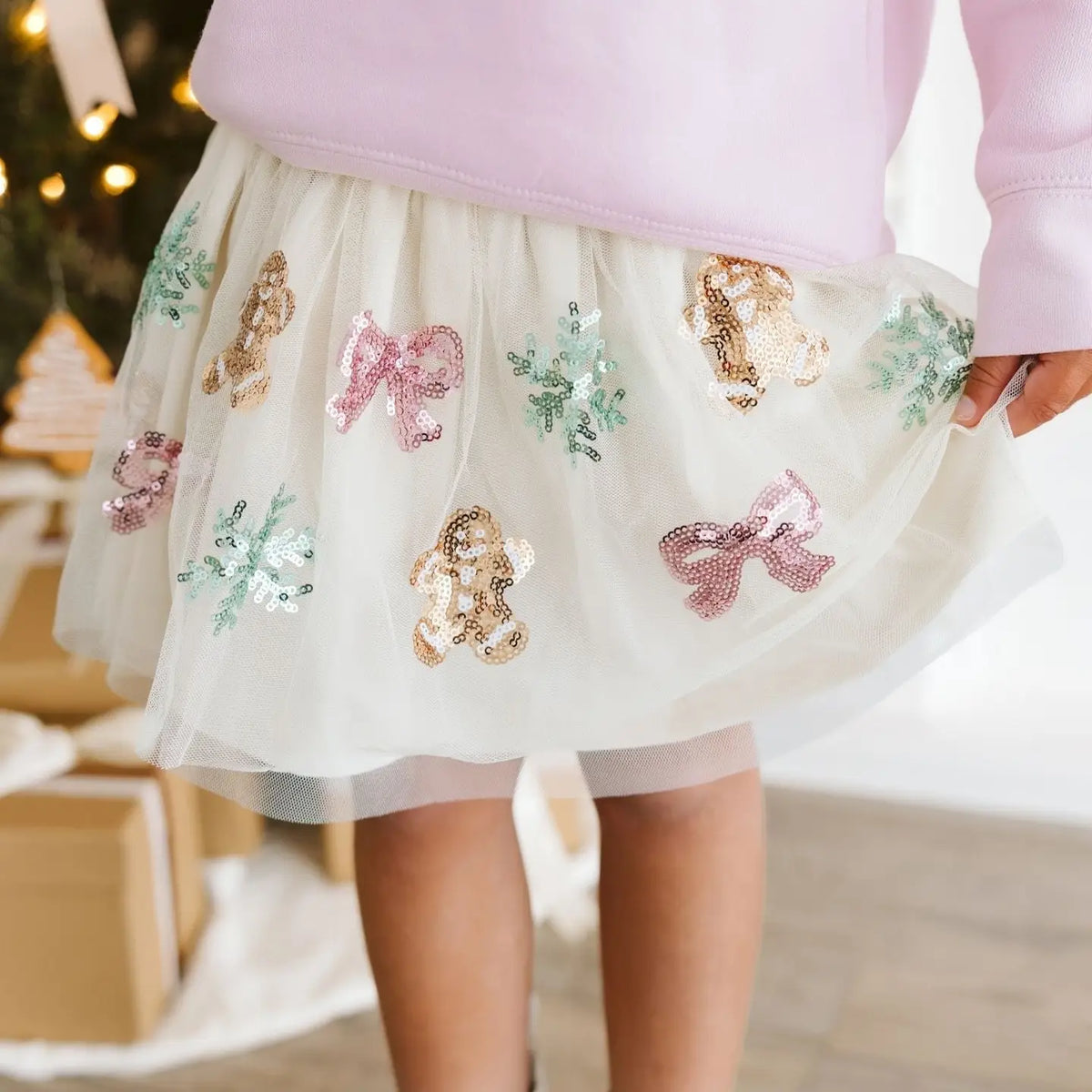 Model Wearing Sweet Wink Gingerbread Sequin Christmas Tutu Skirt - Kids Clothing