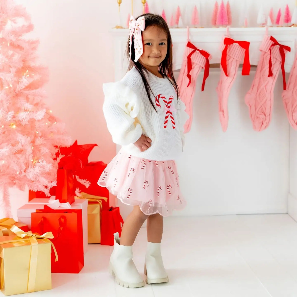 Model Wearing Sweet Wink Candy Cane Christmas Gemstone Bow Clip - Kids Hair Accessory