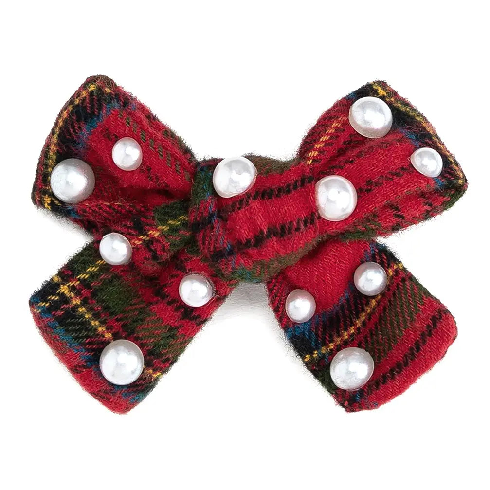 Christmas Tartan Pearl Bow Clip