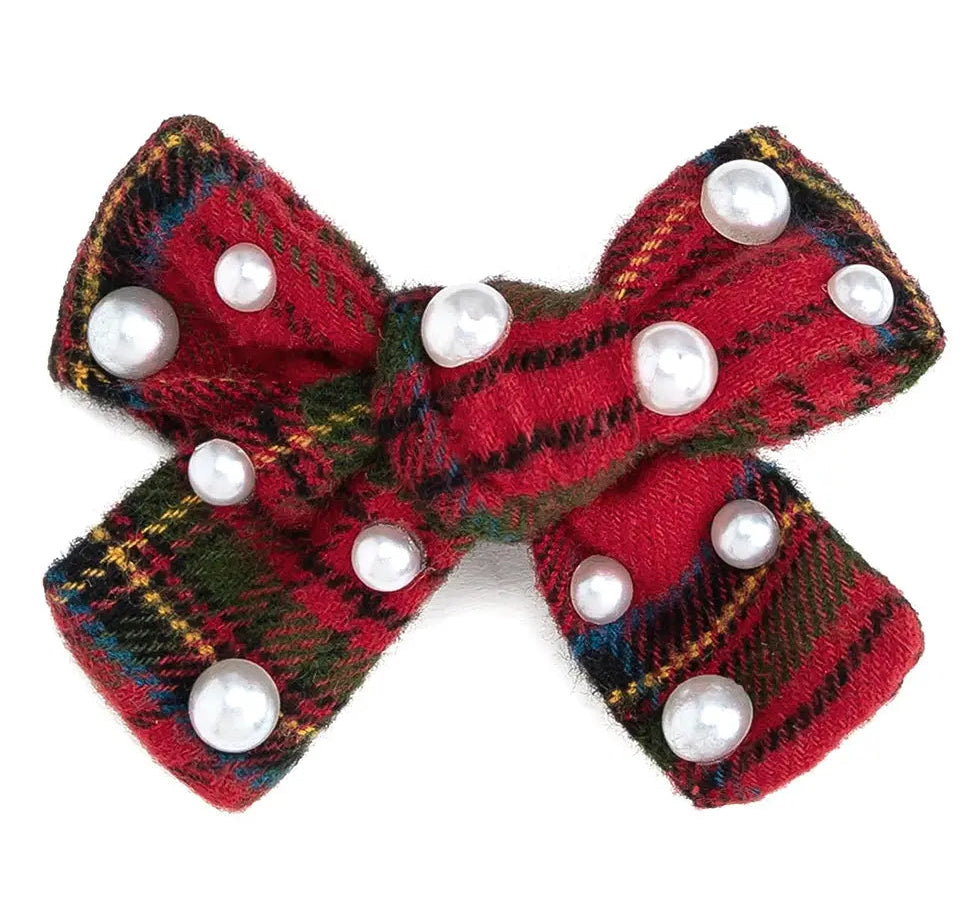Christmas Tartan Pearl Bow Clip