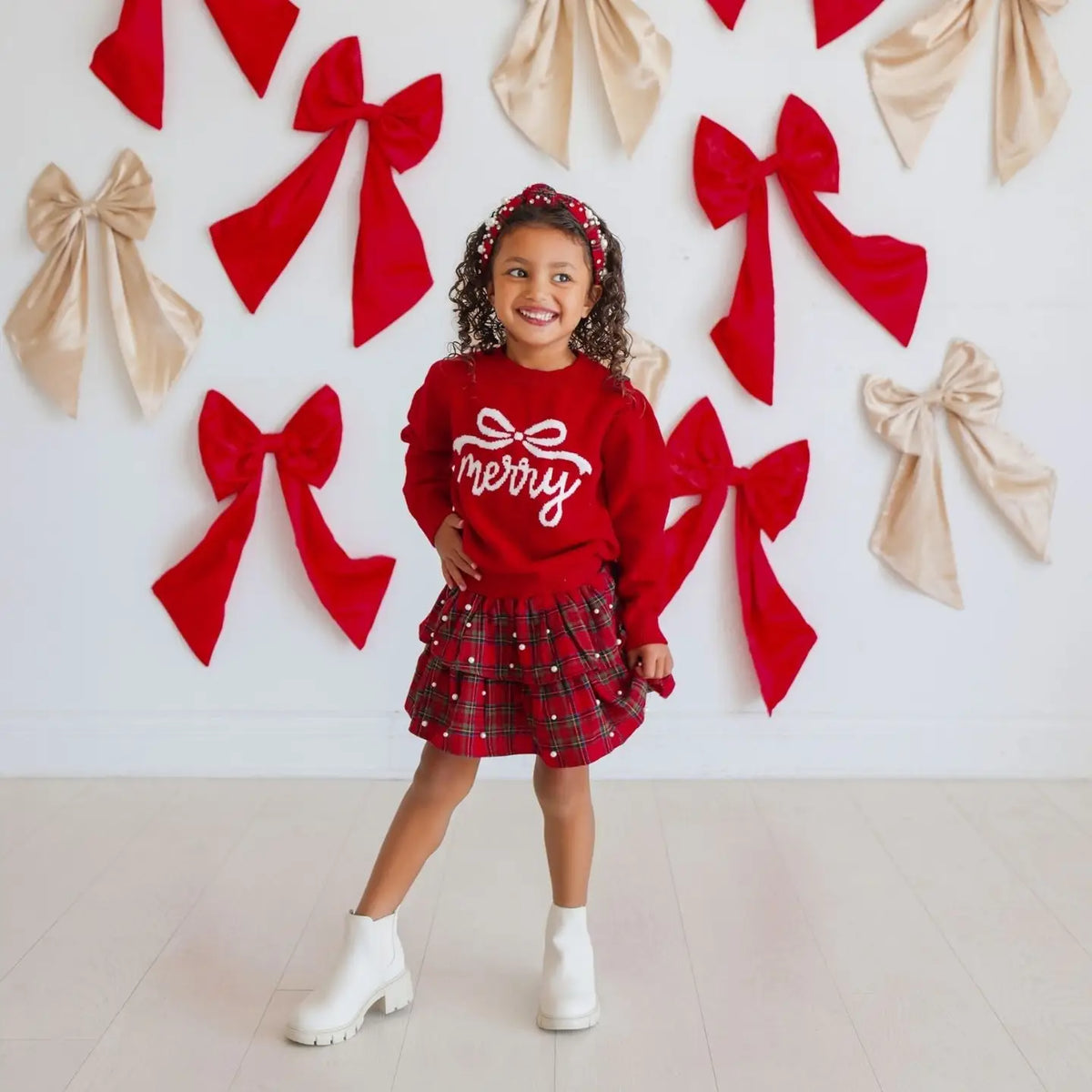 Model Wearing Sweet Wink Christmas Tartan Pearl Skirt - Kids Clothing - Holiday