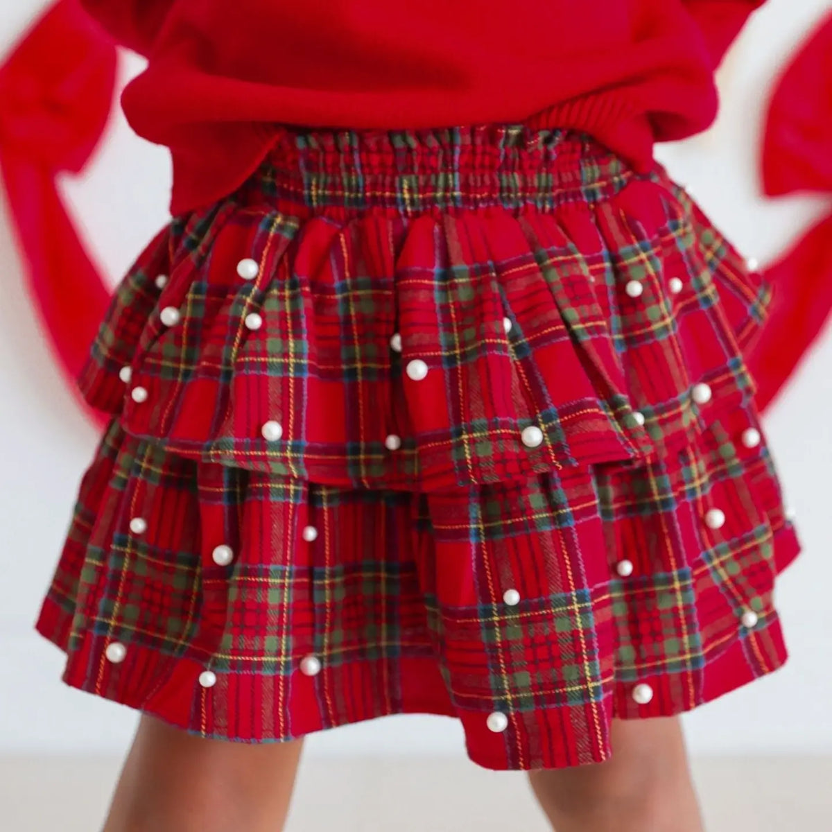 Model Wearing Sweet Wink Christmas Tartan Pearl Skirt - Kids Clothing - Holiday