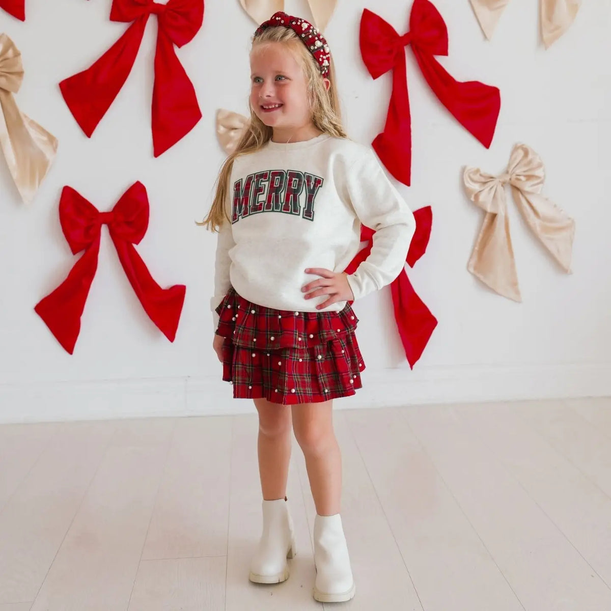 Model Wearing Sweet Wink Christmas Tartan Pearl Skirt - Kids Clothing - Holiday