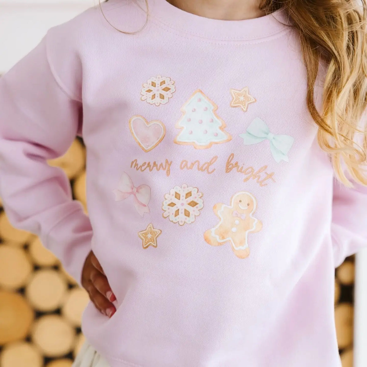 Model Wearing Sweet Wink Merry and Bright Gingerbread Christmas Sweatshirt - Kids