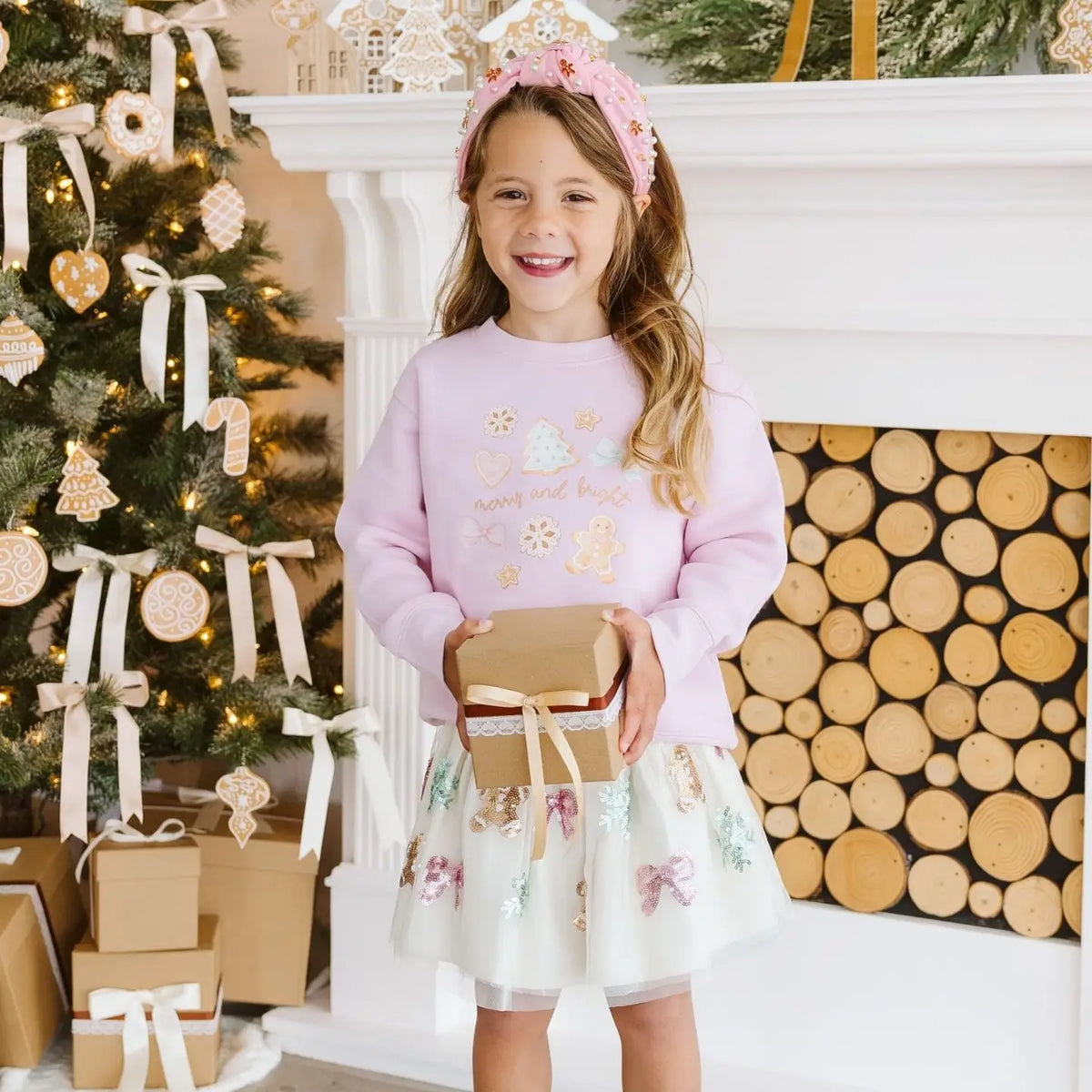 Model Wearing Sweet Wink Merry and Bright Gingerbread Christmas Sweatshirt - Kids