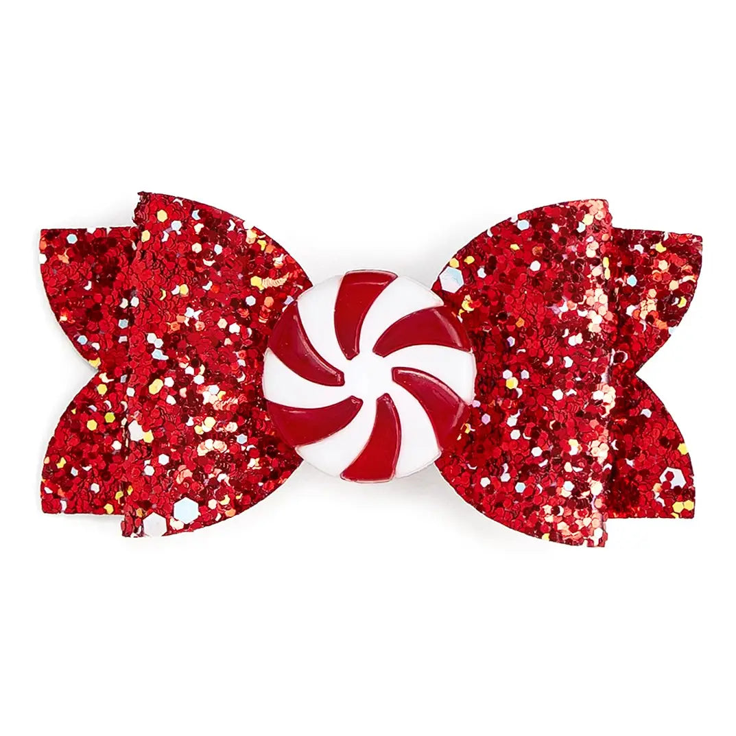 Sweet Wink Peppermint Glitter Christmas Bow Clip - Hair Accessories