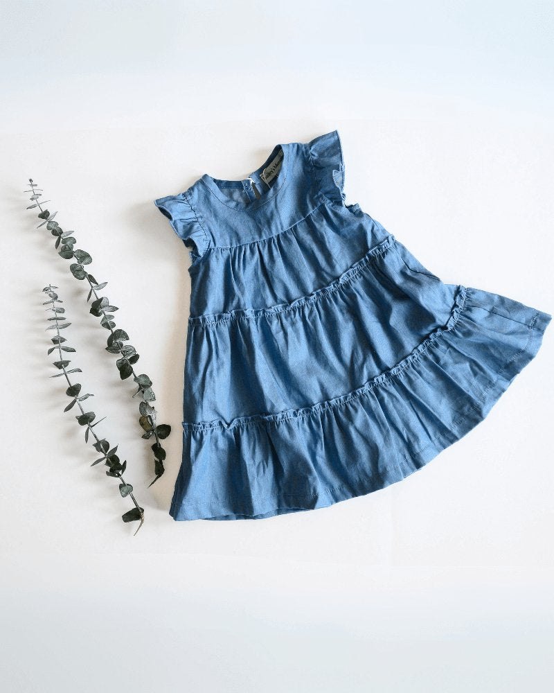 Bailey’s Blossoms Georgie Tiered Flutter Sleeve Dress - Light Denim