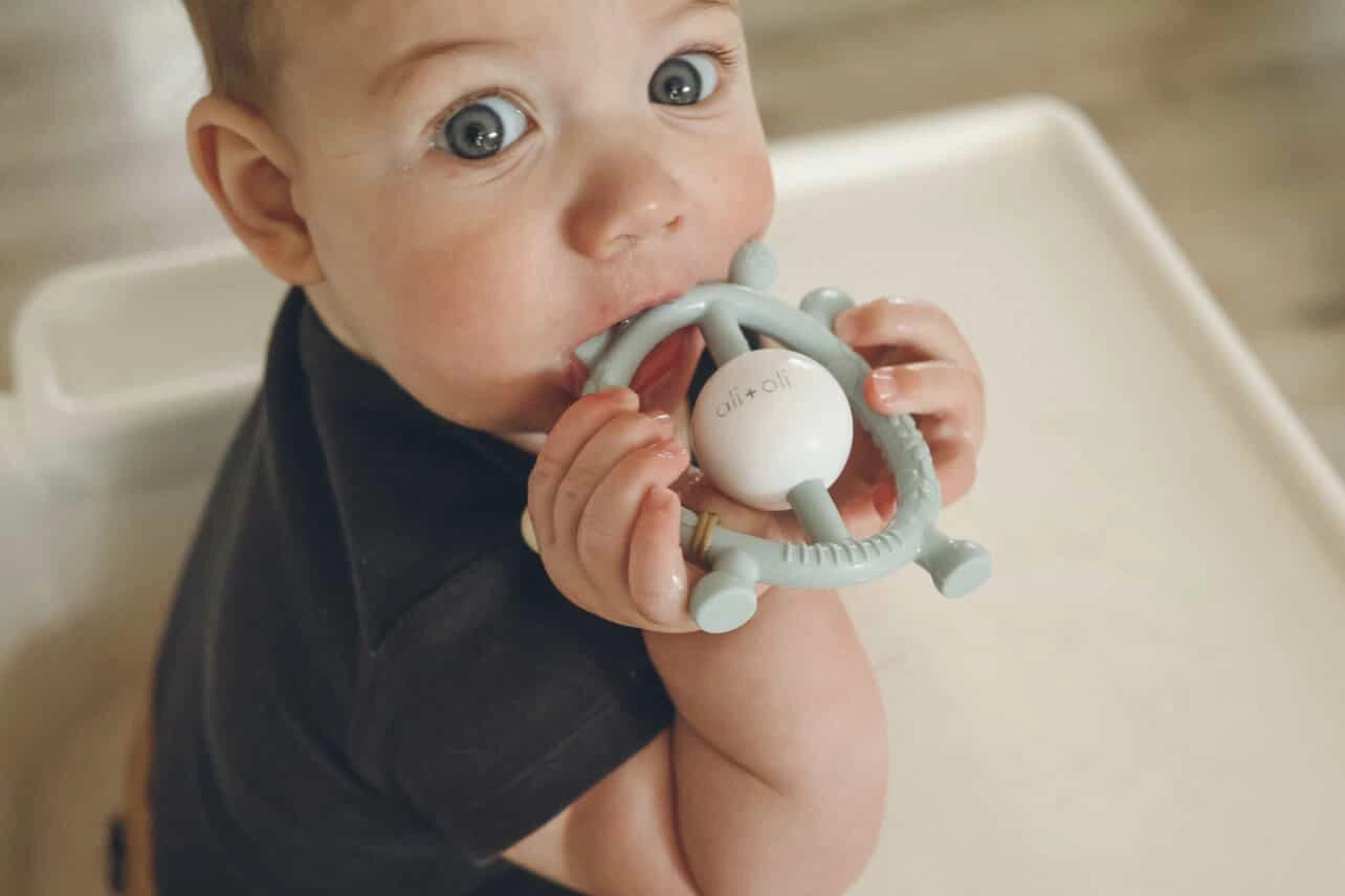 Model Using Ali + Oli Giraffe Teether & Rattle Food-Grade Silicone Toy (Mist)