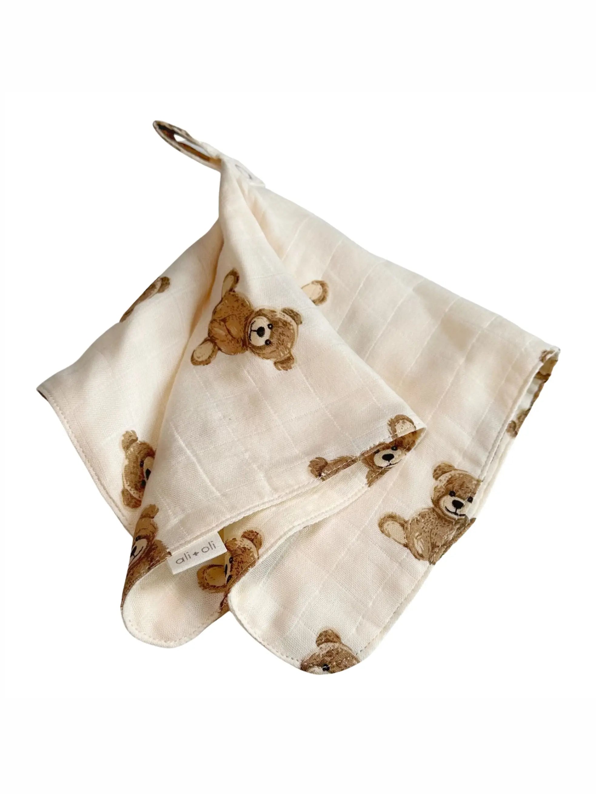 Ali + Oli Pacifier Blanket Holder Bamboo Muslin (Teddy Bear)