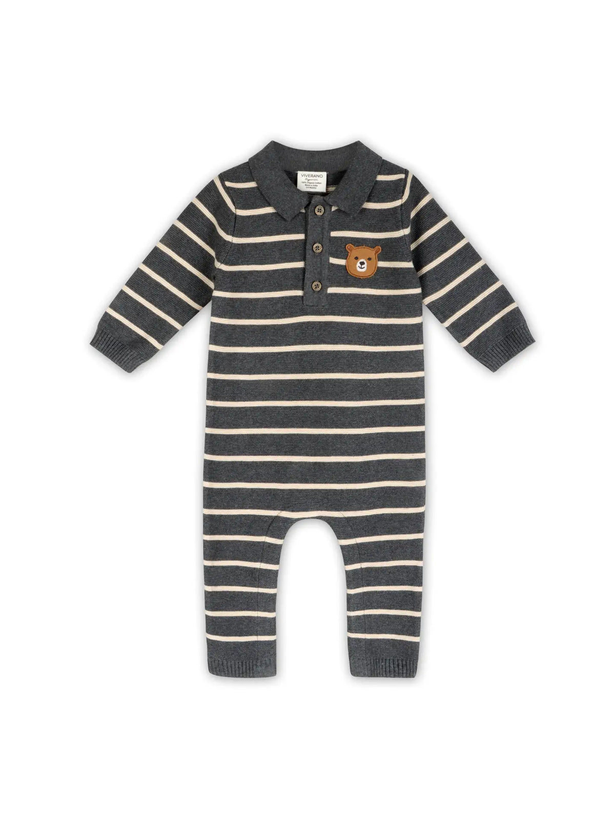 Viverano Organics Bear Face Stripe & Collar Knit Baby Jumpsuit (Organic)