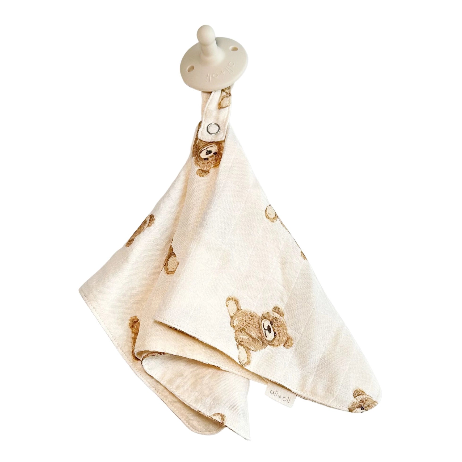 Ali + Oli Pacifier Blanket Holder Bamboo Muslin (Teddy Bear)