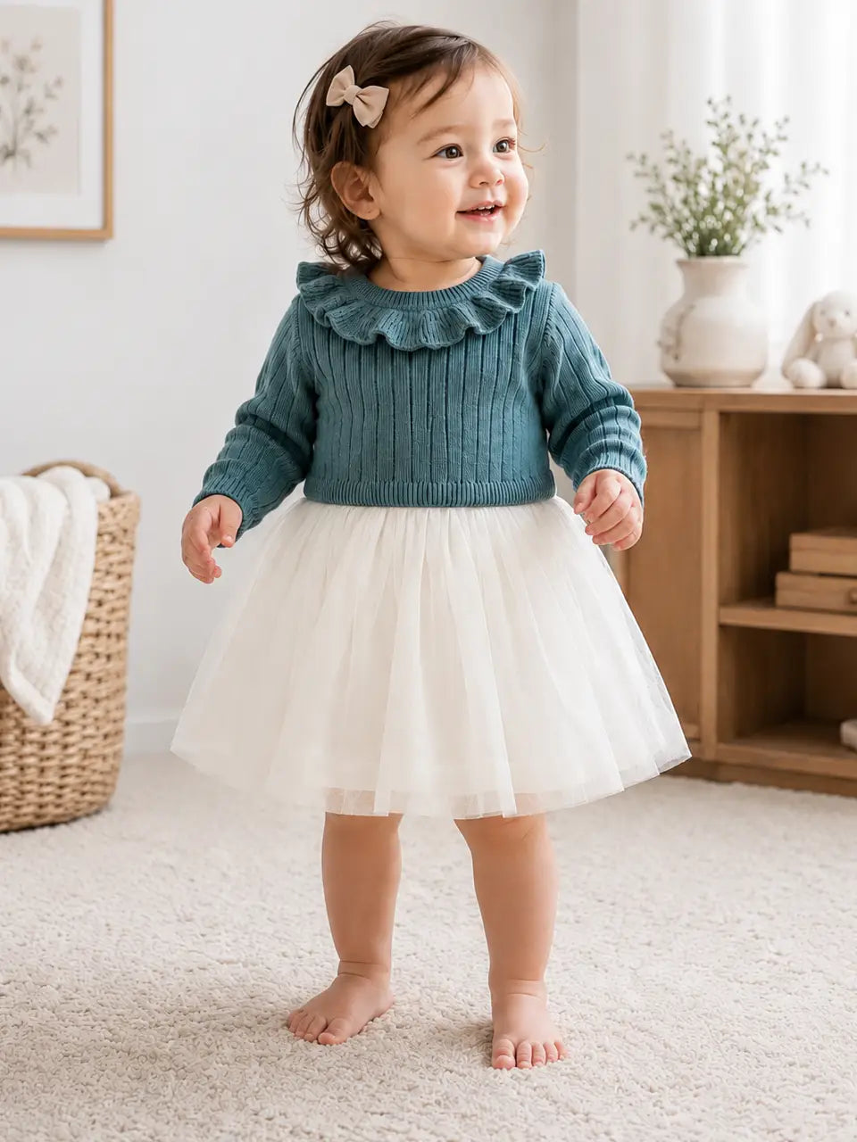 Model Wearing Viverano Organics Ruffle Neck Sweater Knit Top & Tutu Baby Dress (Organic)