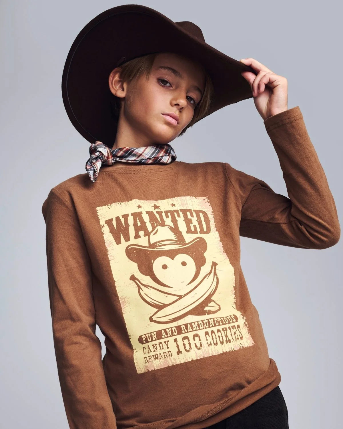 Model Wearing Appaman Wanted Long Sleeve Graphic Tee