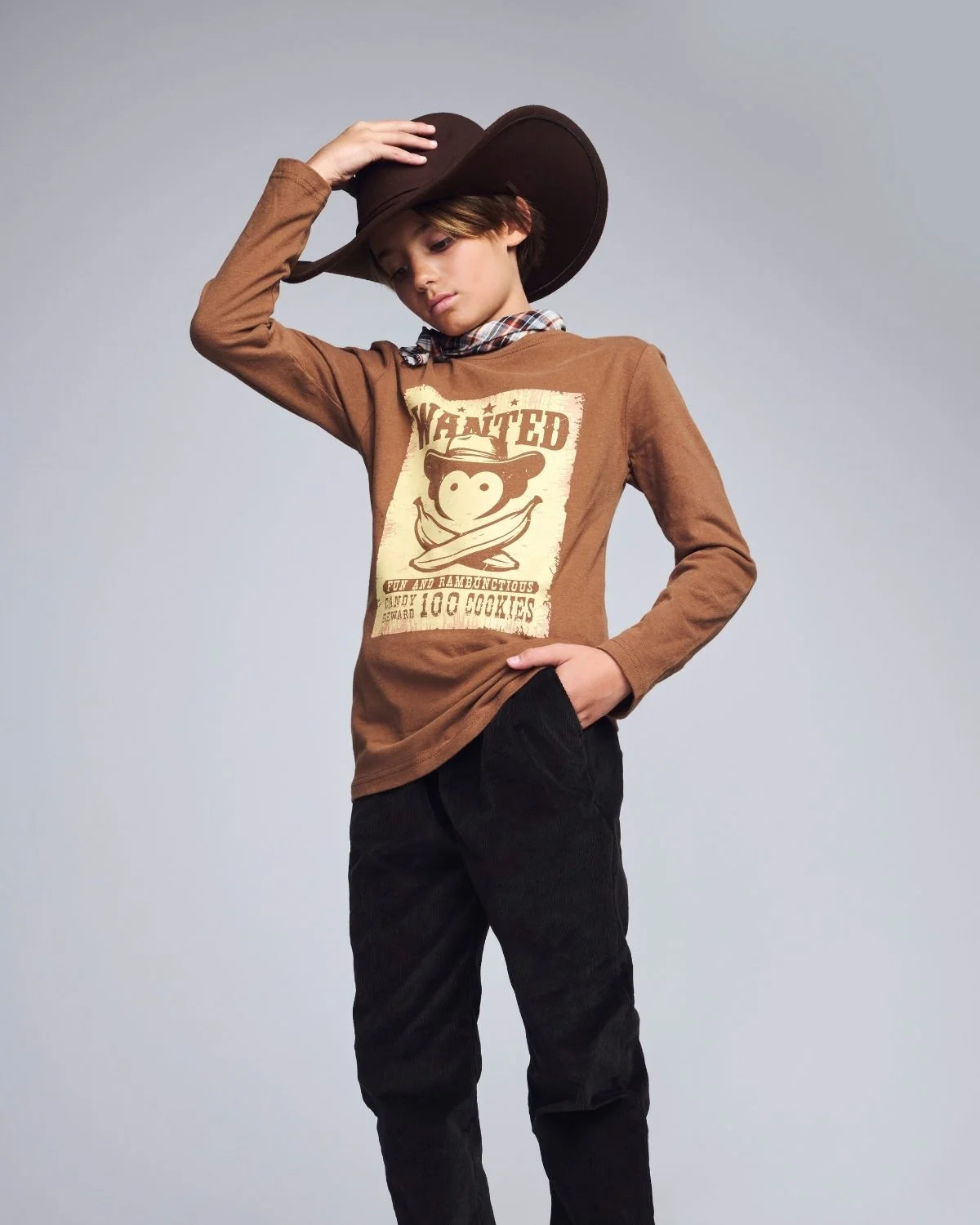 Model Wearing Appaman Wanted Long Sleeve Graphic Tee