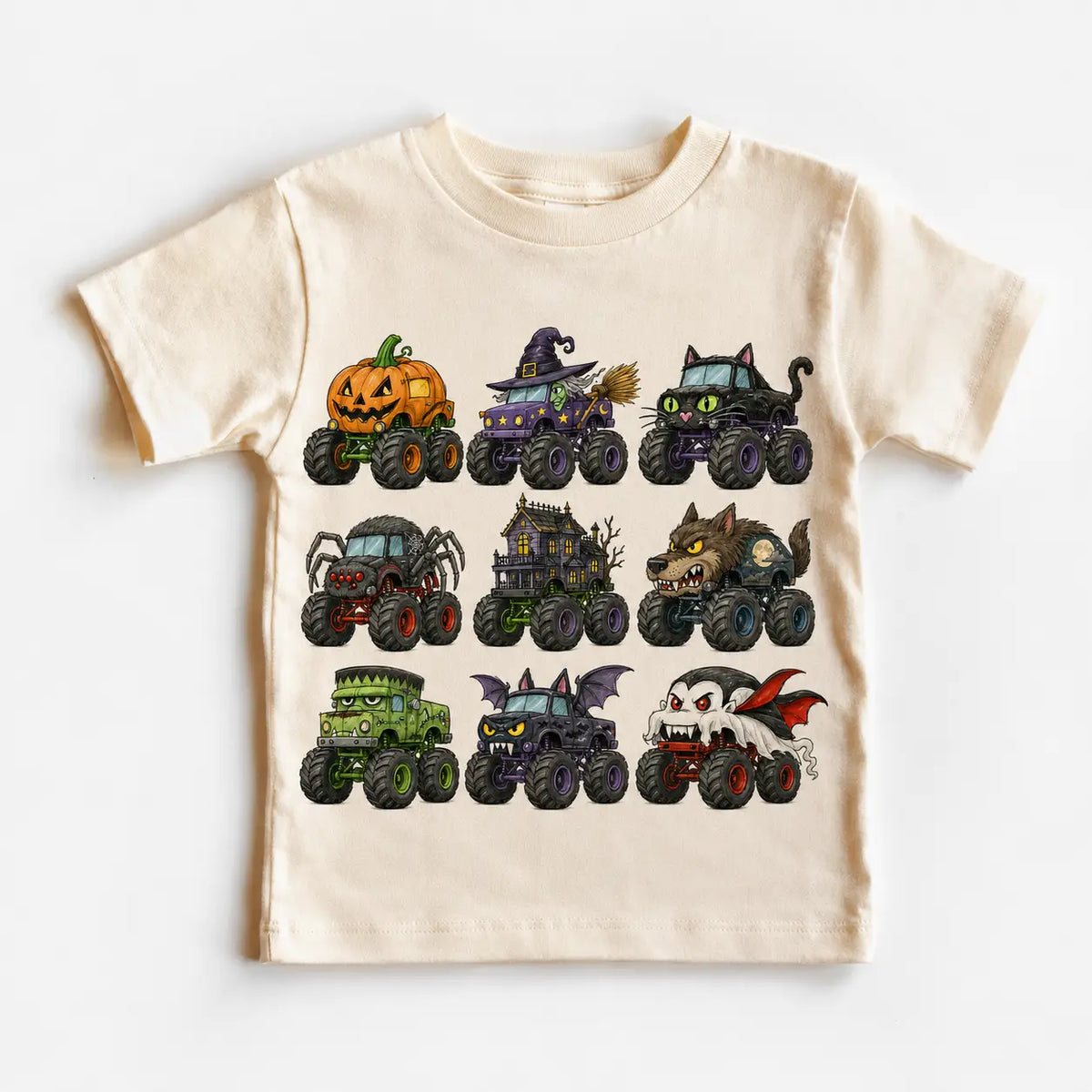 Madi Moosh Crushing Pumpkins Halloween Monster Truck Kids Graphic Tee – Spooky Trucks Fall Shirt