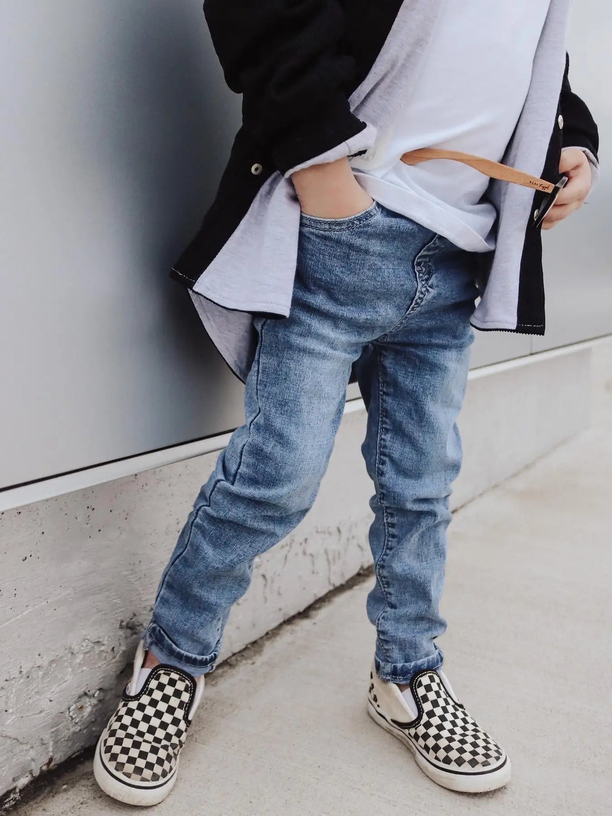 Model Wearing Little Bipsy Light Wash Denim