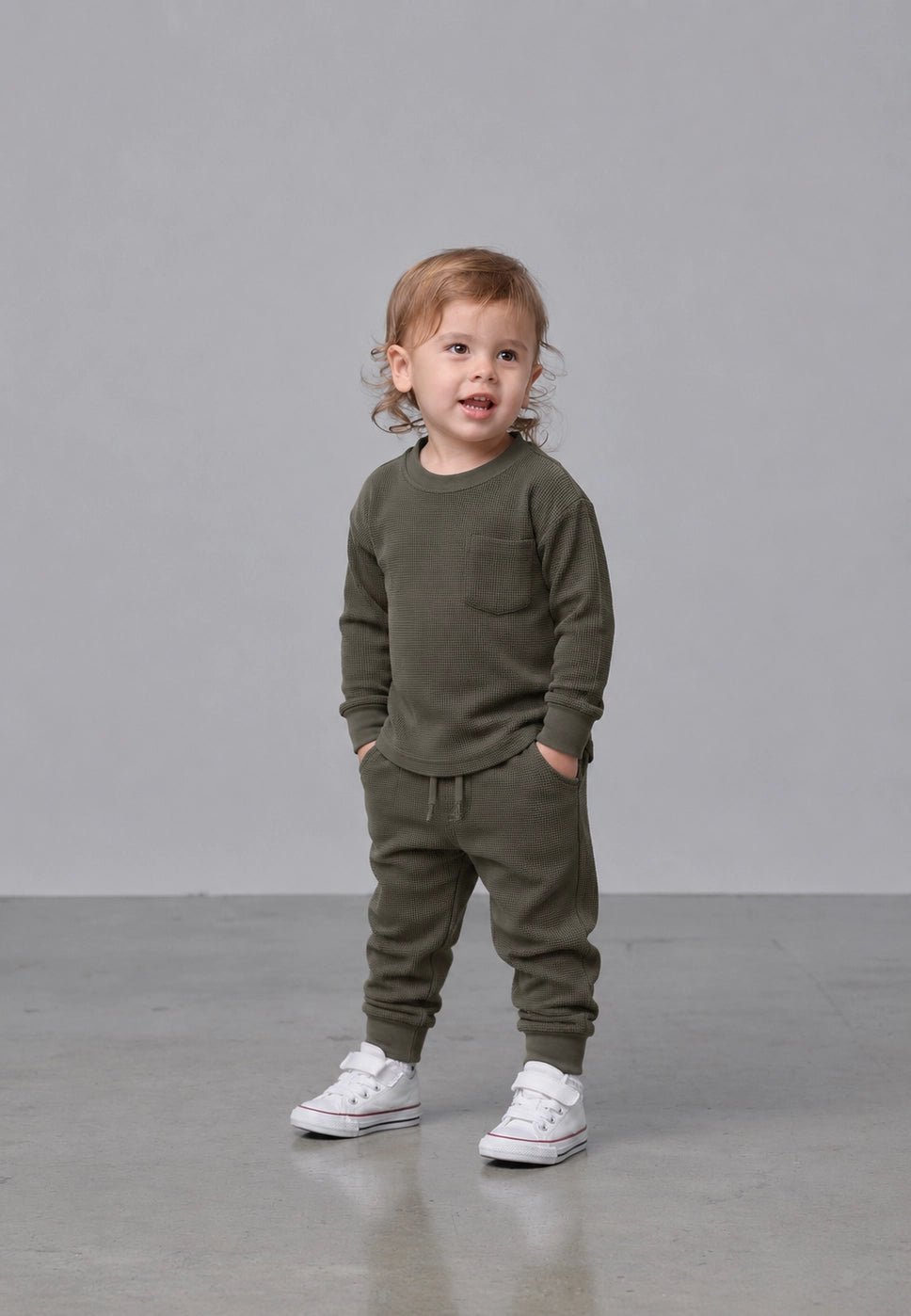 Model Wearing Little Bipsy Waffle Jogger - Green