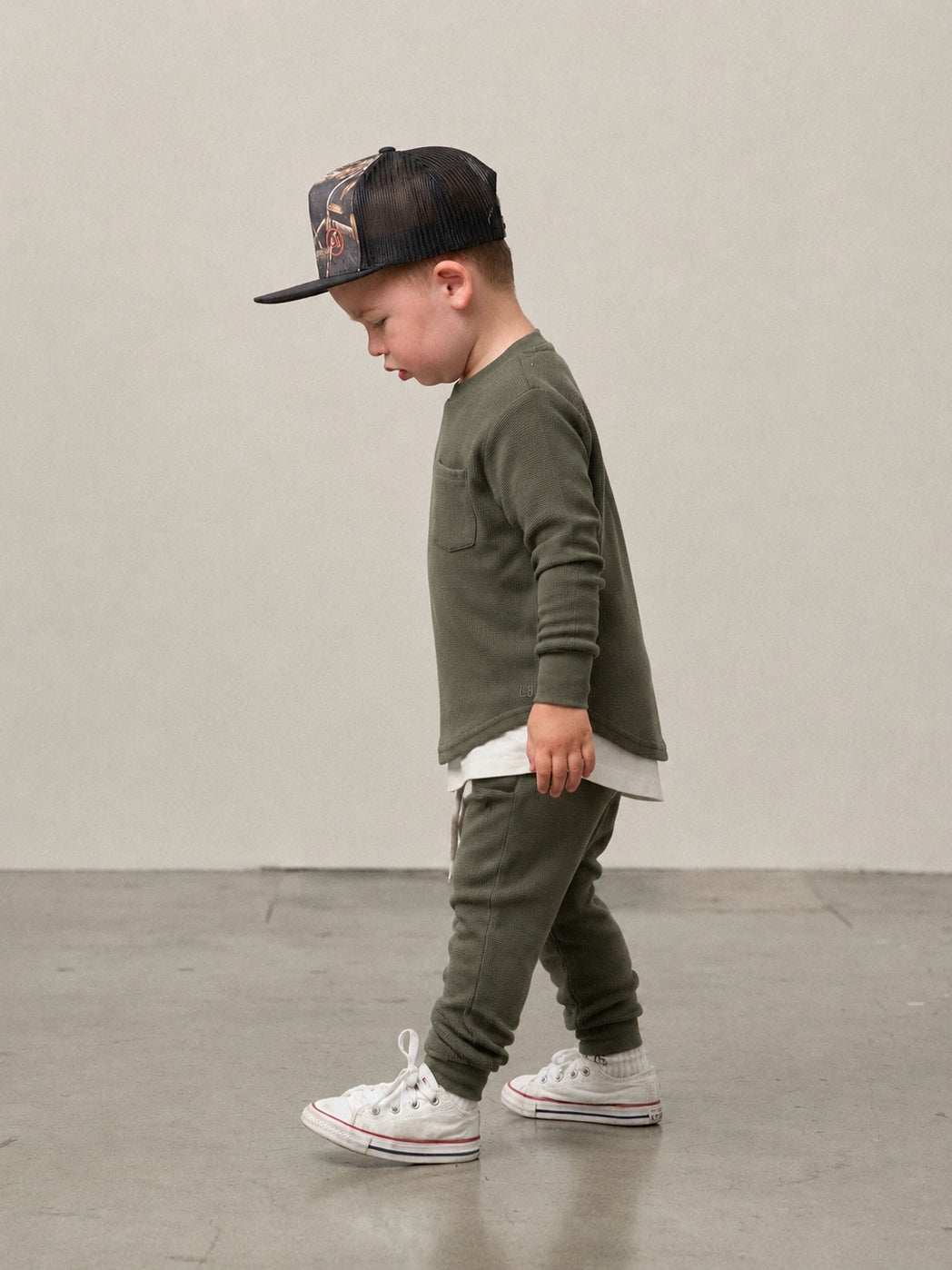 Model Wearing Little Bipsy Waffle Jogger - Green
