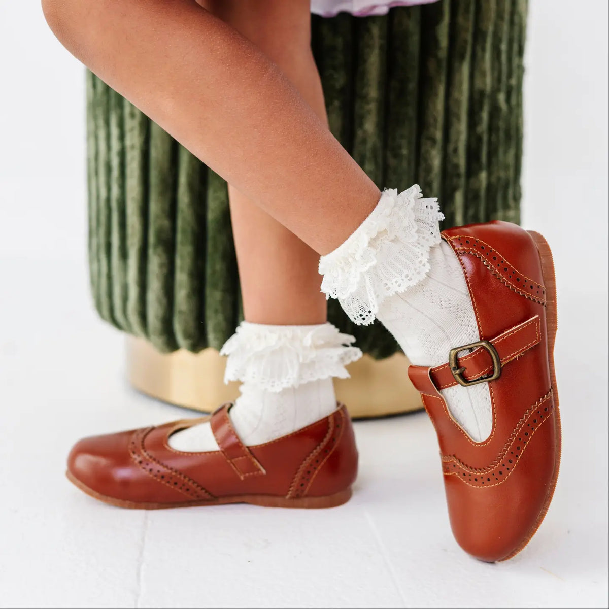 Model Wearing Little Stocking Co. Lace Bobby Socks - Ivory
