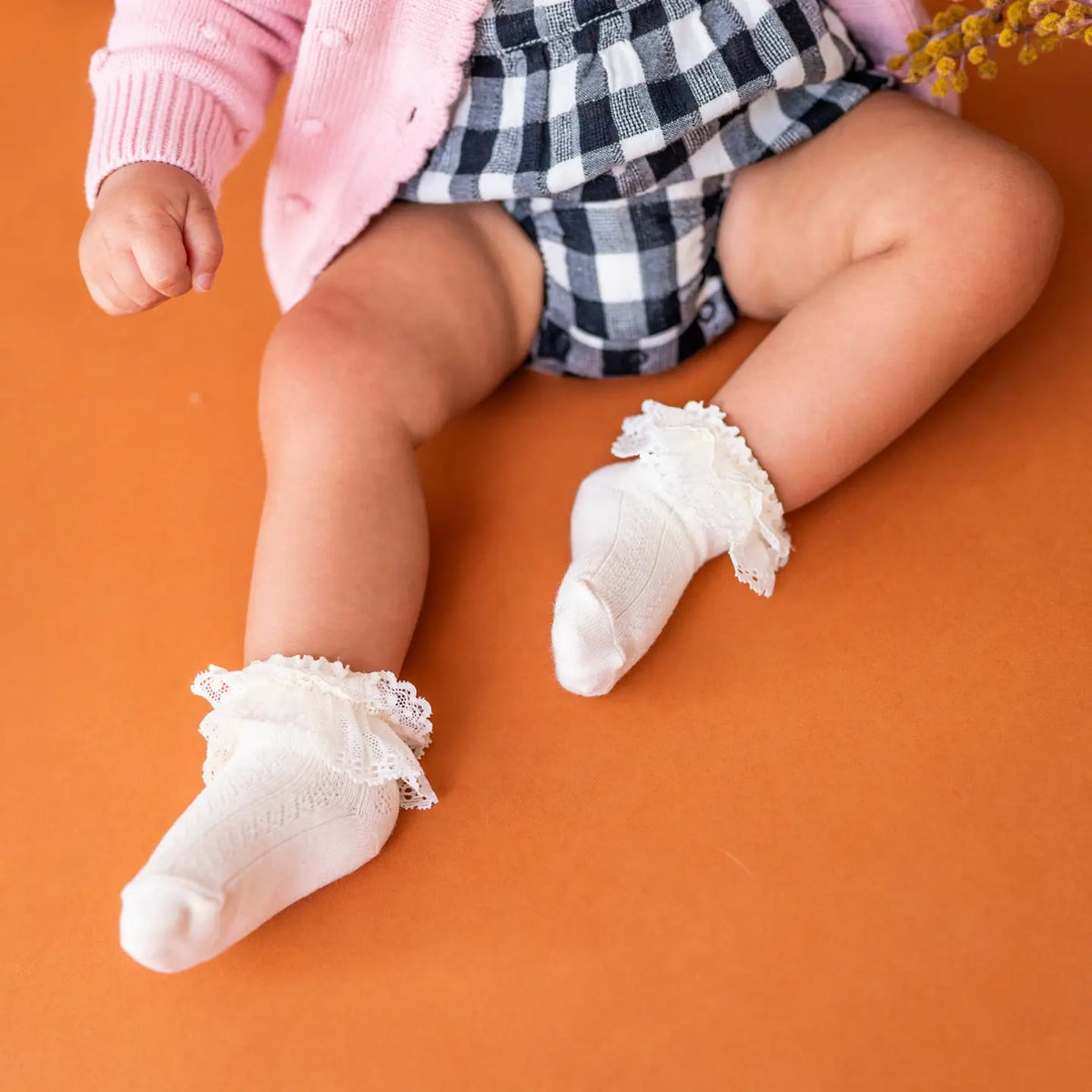 Model Wearing Little Stocking Co. Lace Bobby Socks - Ivory