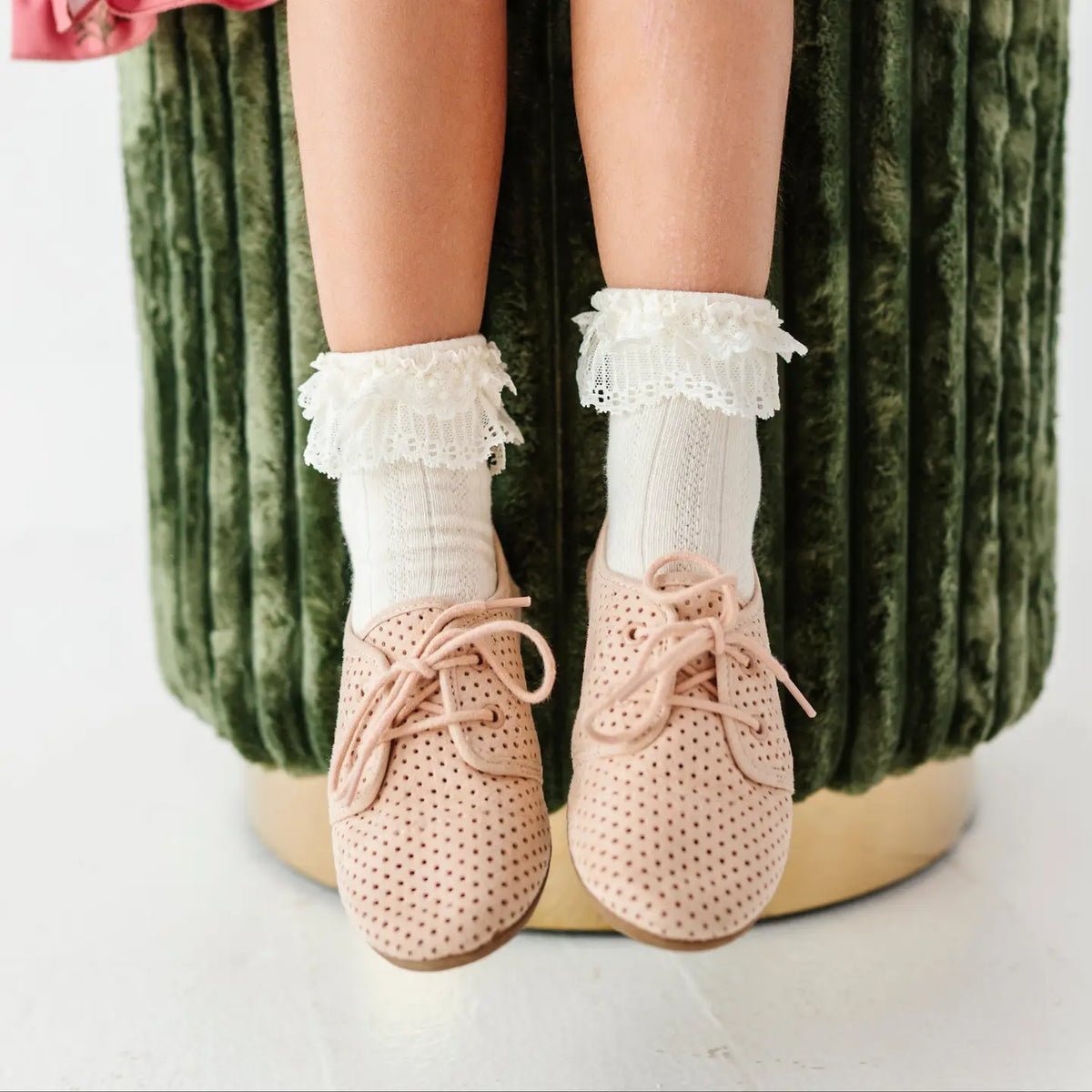 Model Wearing Little Stocking Co. Lace Bobby Socks - Ivory