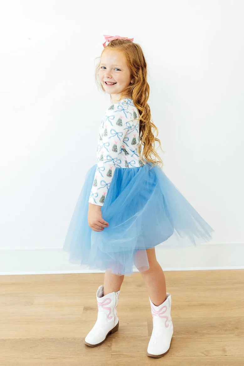Model Wearing Mila & Rose Coquette Christmas Long Sleeve Tutu Dress