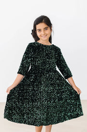 Model Wearing Mila & Rose Hunter Green Velvet Sequin Dress