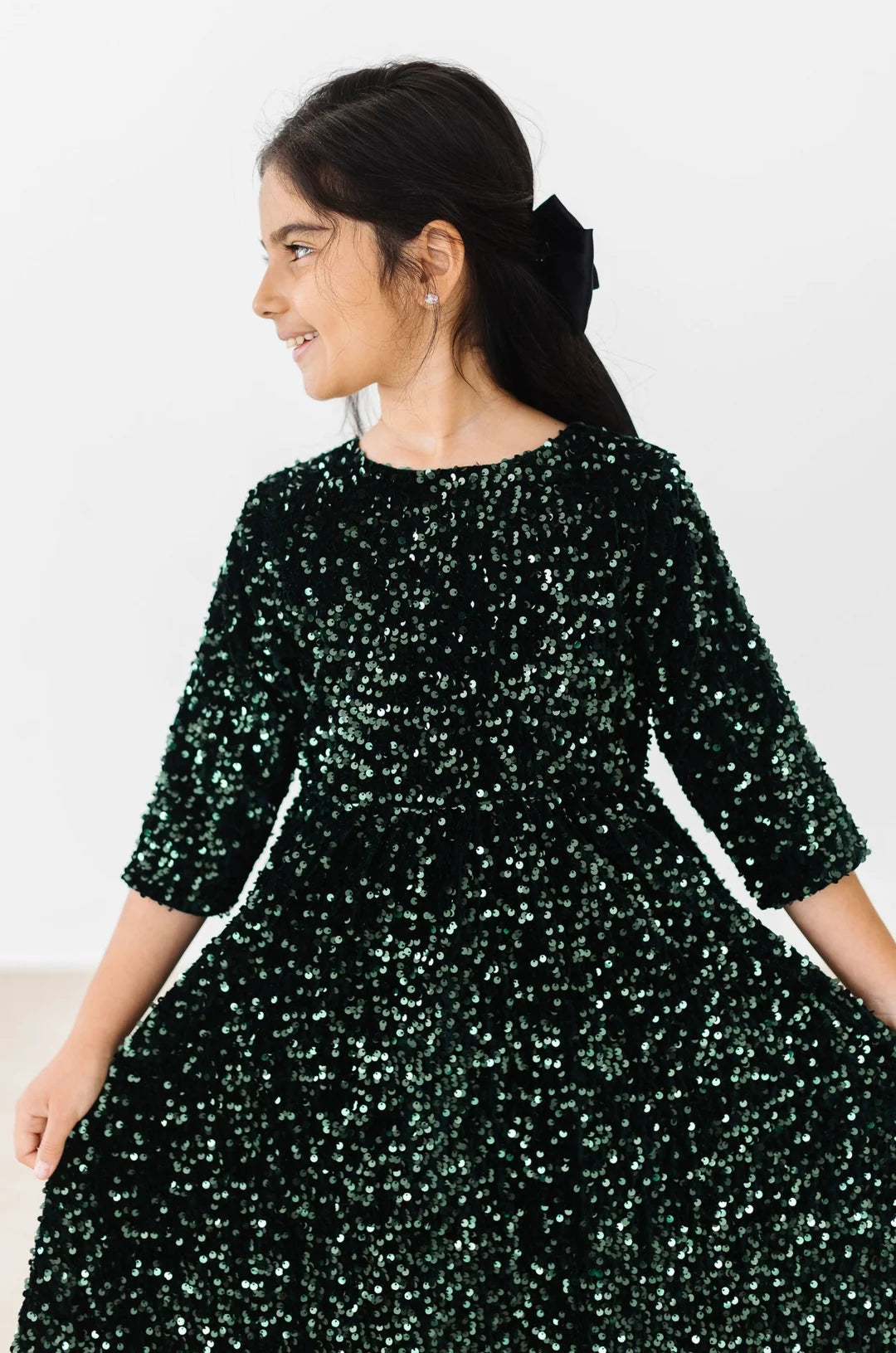 Model Wearing Mila & Rose Hunter Green Velvet Sequin Dress