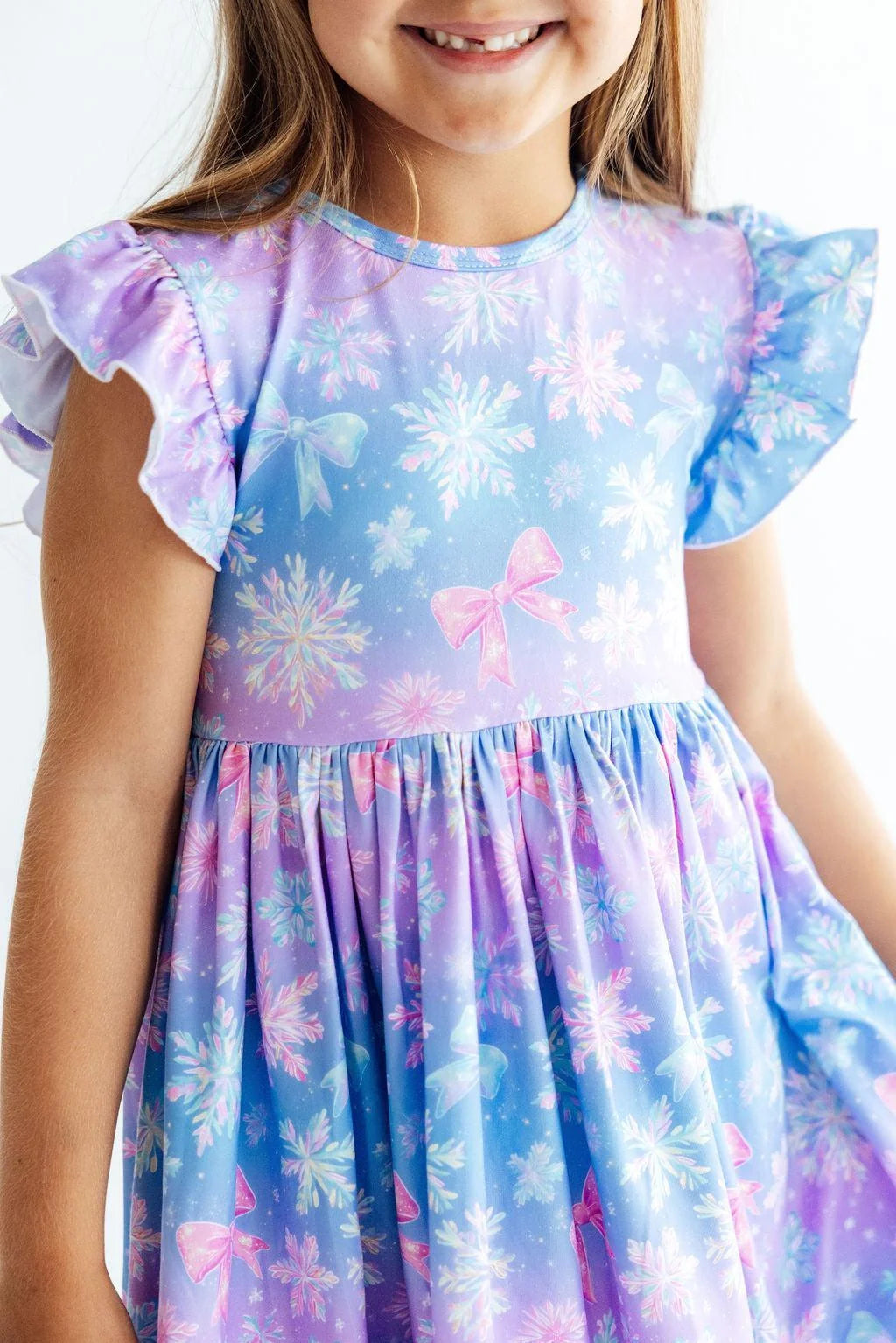 Model Wearing Mila & Rose Snow Much Sunshine Flutter Sleeve Dress