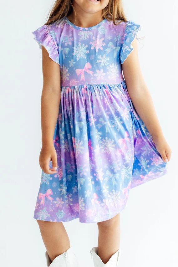 Model Wearing Mila & Rose Snow Much Sunshine Flutter Sleeve Dress