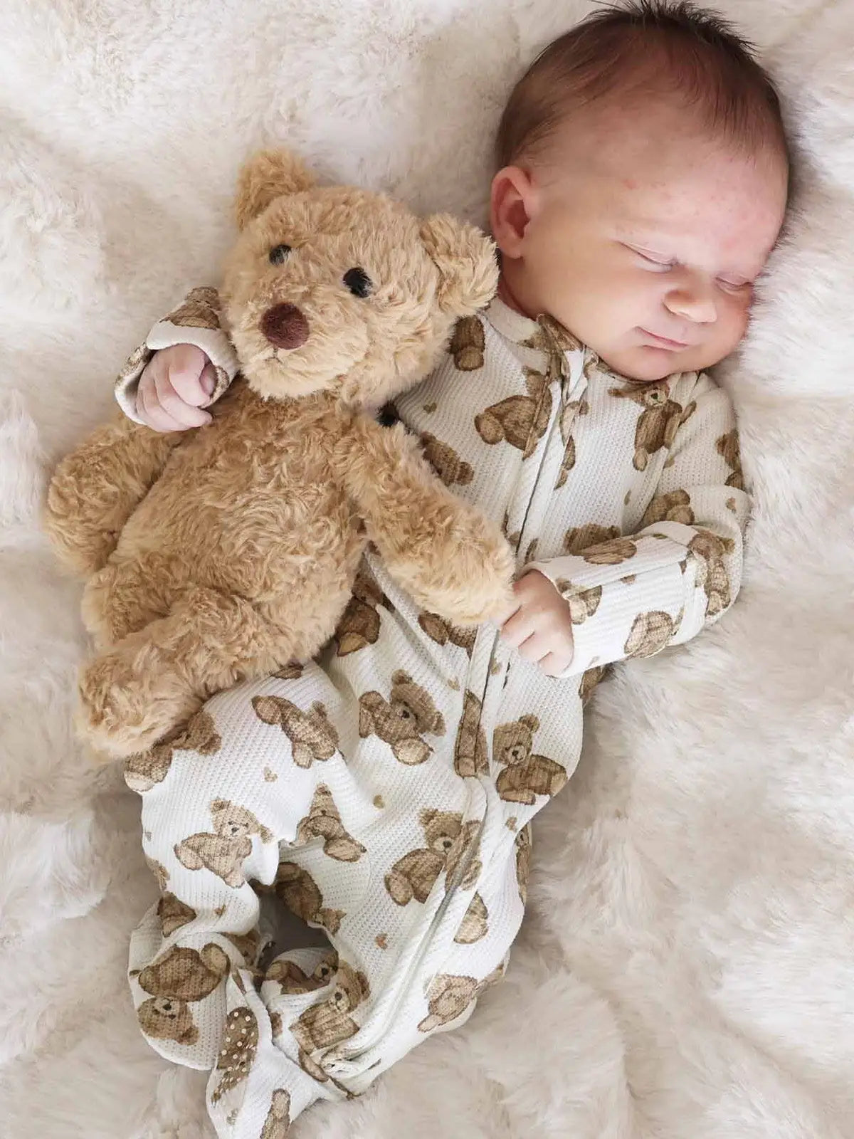 Model Wearing Caden Lane Beary Sweet Bamboo Waffle Zipper Footie