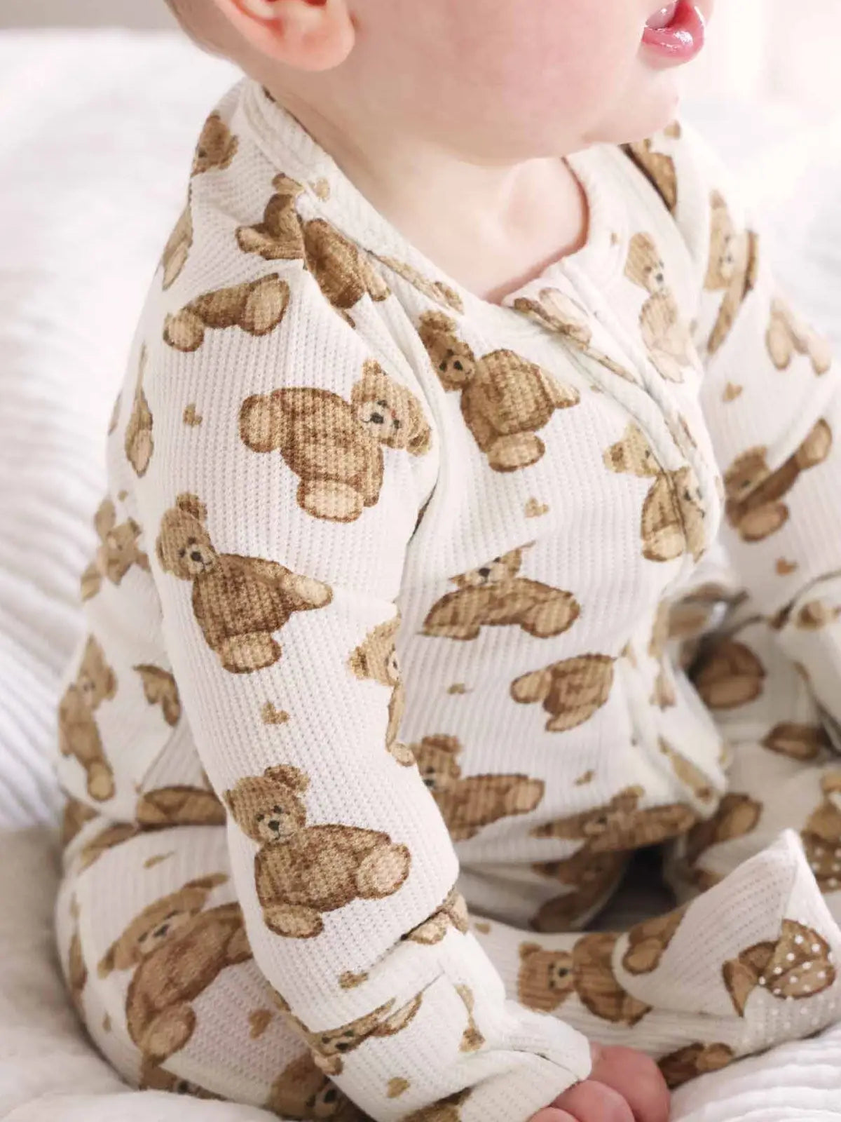 Model Wearing Caden Lane Beary Sweet Bamboo Waffle Zipper Footie