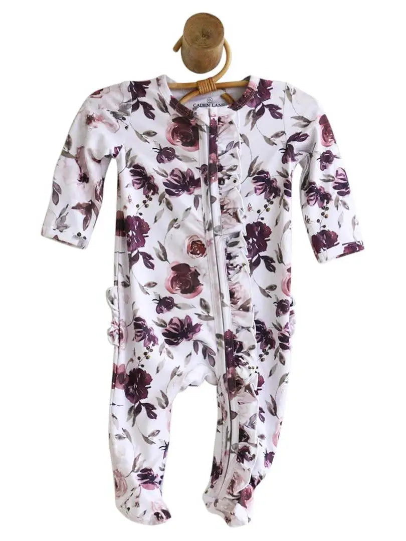Caden Lane Demi's Dusty Purple Floral Ruffle Zipper Footie