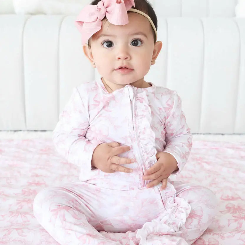 Model Wearing Caden Lane Fancy Frills Ruffle Zipper Footie