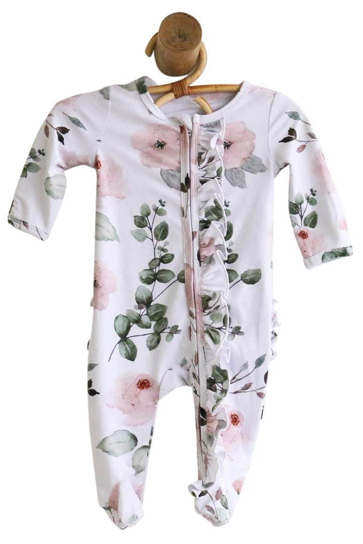Caden Lane Millie's Dusty Rose Floral Ruffle Zipper Footie