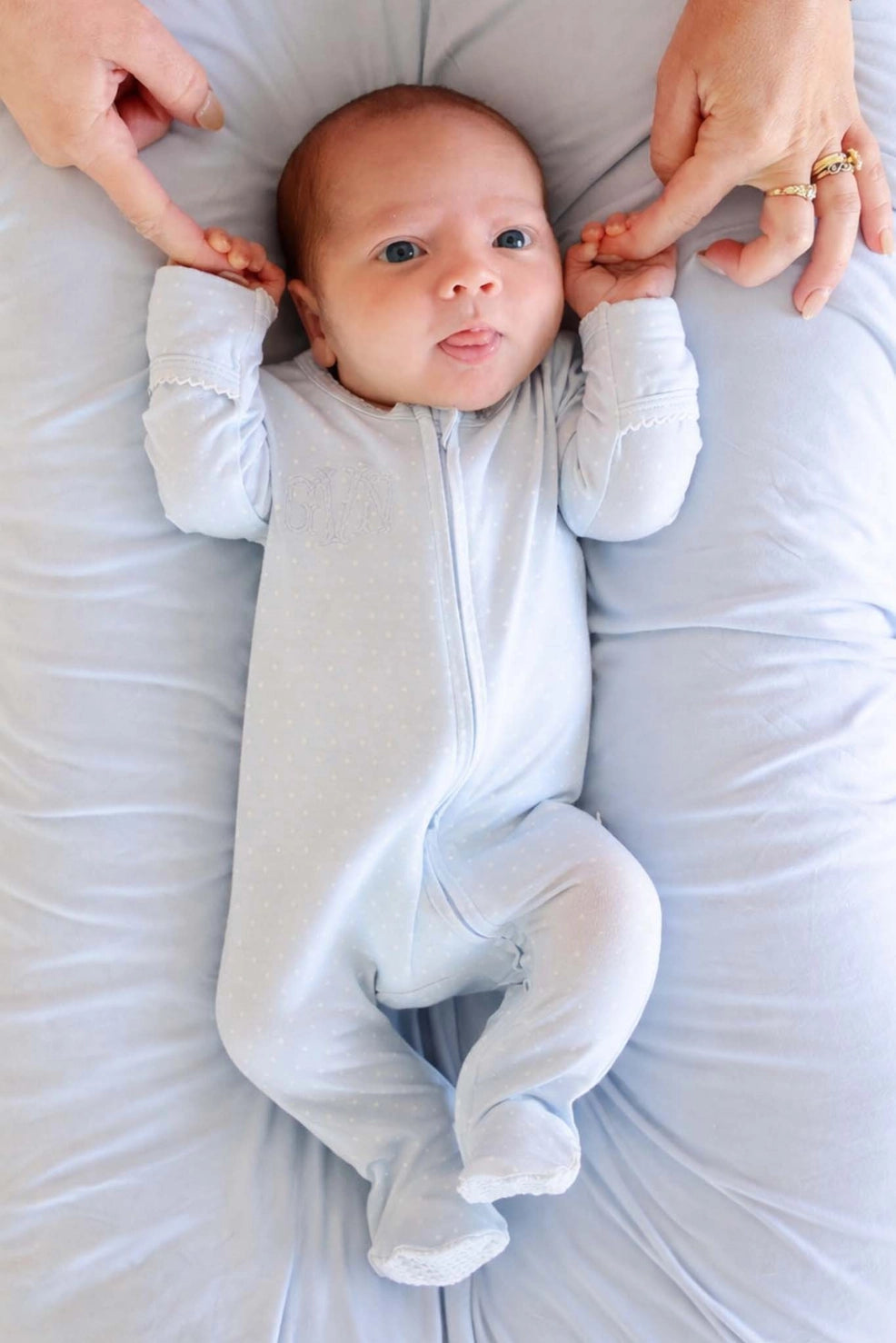 Model Wearing Caden Lane Picot Trim Bamboo Zipper Footie - Baby Blue