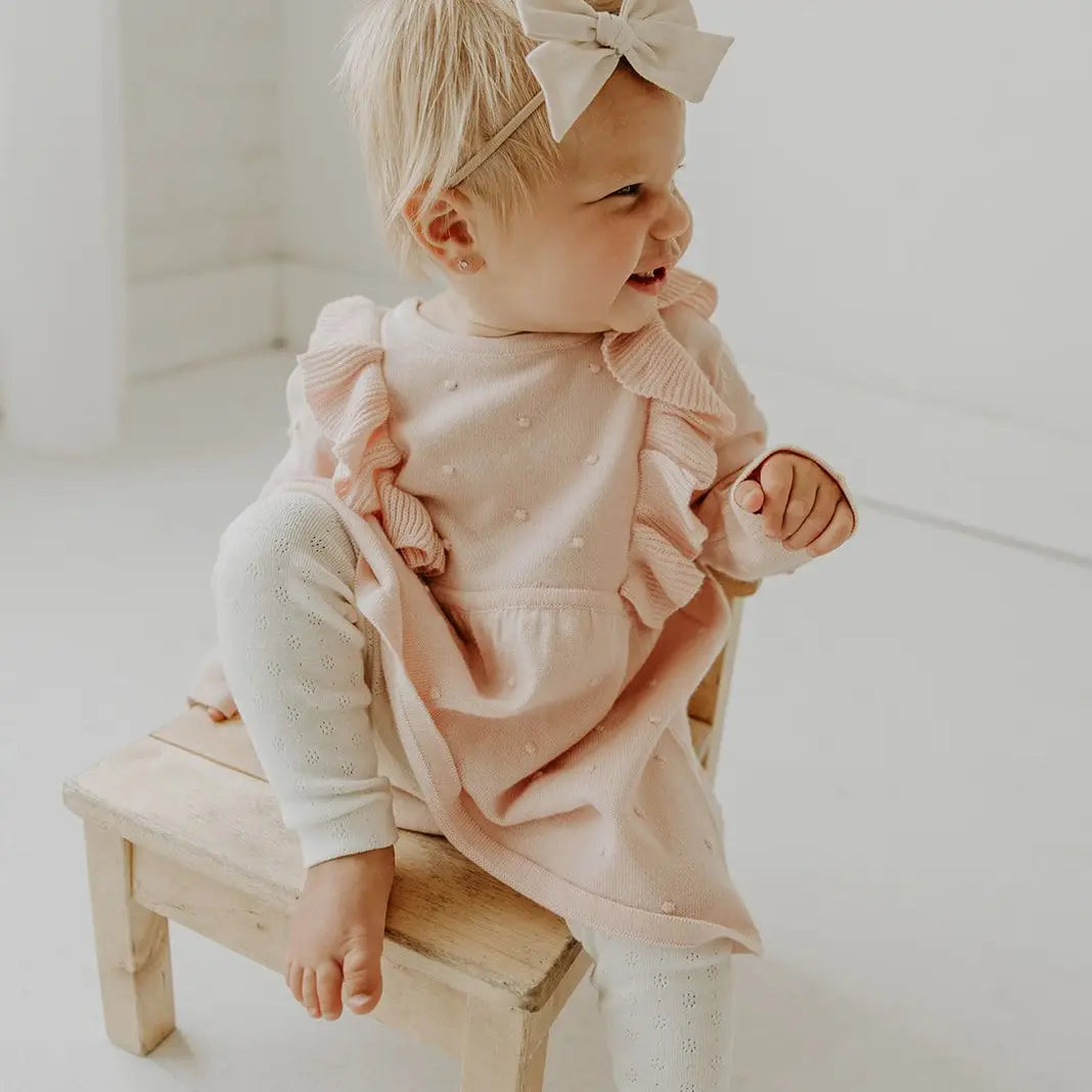 Model Wearing Viverano Organics Pointelle Knit Stretch Baby Leggings Pants (Organic Cotton)