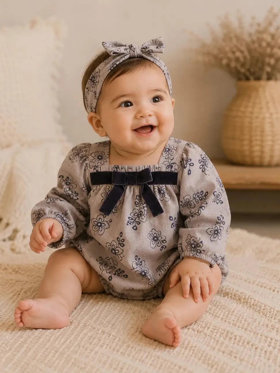 Model Wearing Viverano Organics Theresa Floral Baby Romper with Bows & Headband (Organic)