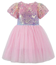 2Bunnies Girls' 3T-10Y Ombre Sequin Tulle Puff Sleeve Dress