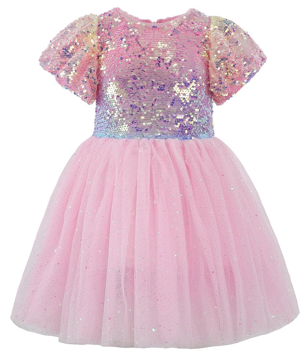 2Bunnies Girls' 3T-10Y Ombre Sequin Tulle Puff Sleeve Dress