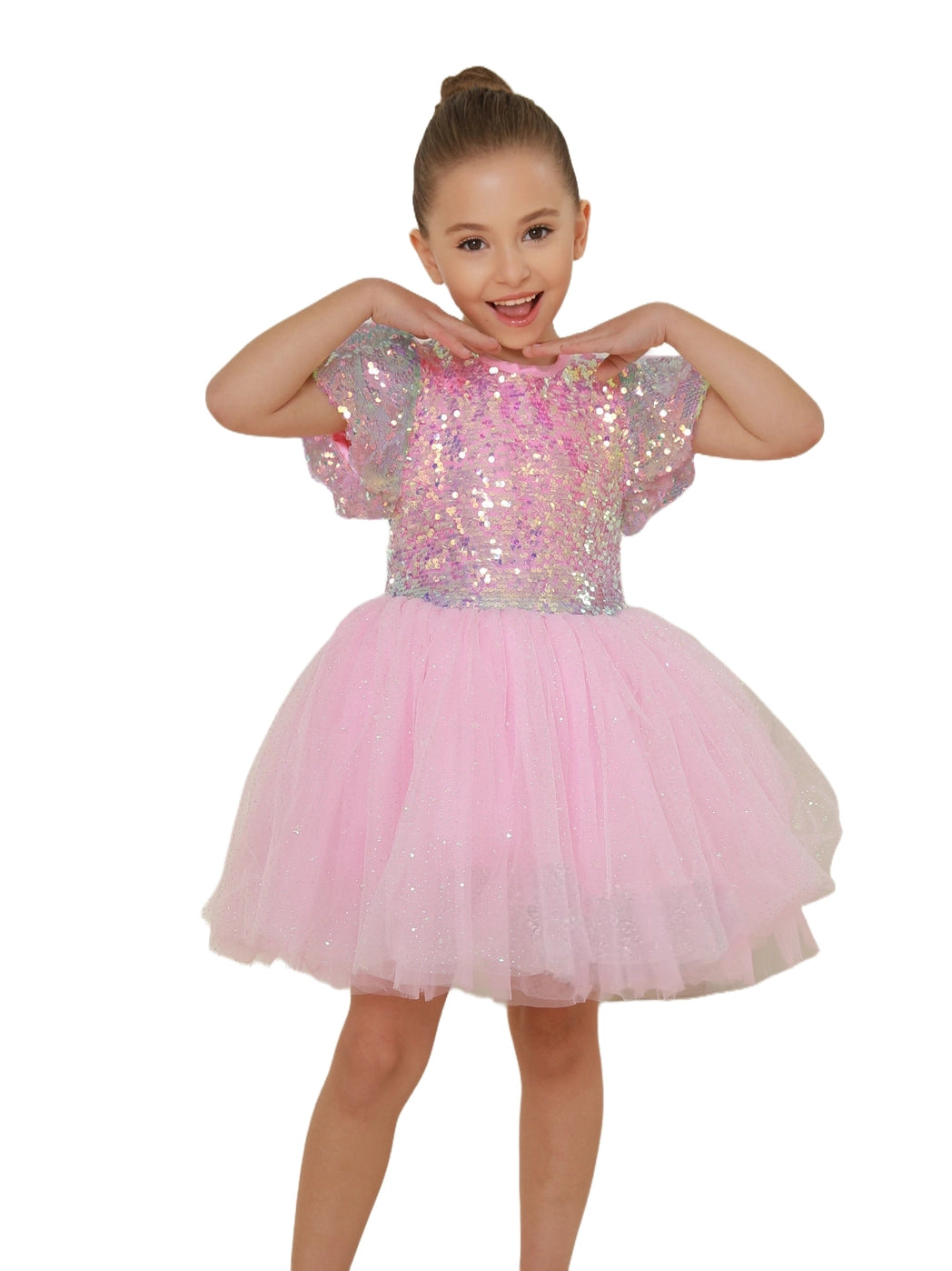 Model Wearing 2Bunnies Girls' 3T-10Y Ombre Sequin Tulle Puff Sleeve Dress