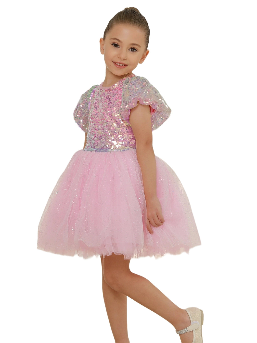 Model Wearing 2Bunnies Girls' 3T-10Y Ombre Sequin Tulle Puff Sleeve Dress