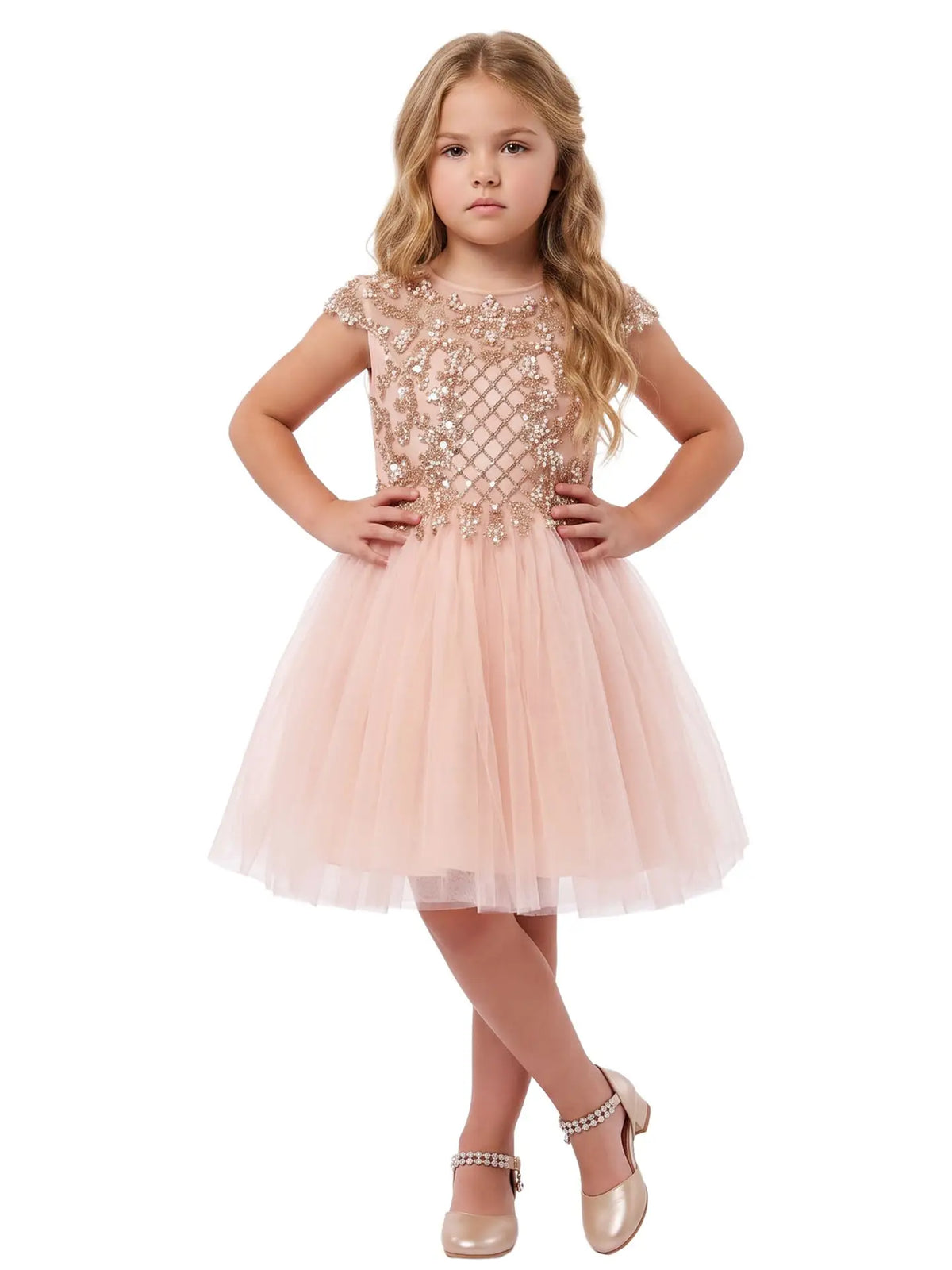 Model Wearing 2Bunnies Girls’ Blush Champagne & Gold Pearl & Sequin Embellished Tulle Party Dress