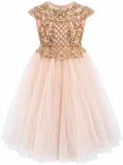 2Bunnies Girls’ Blush Champagne & Gold Pearl & Sequin Embellished Tulle Party Dress