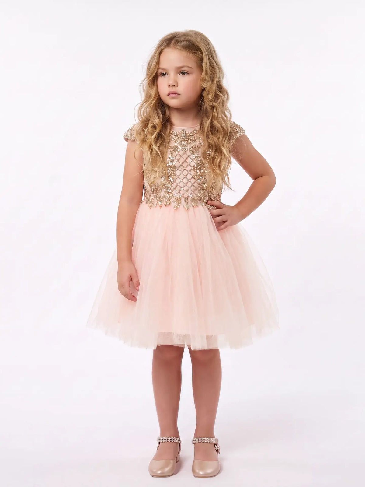 Model Wearing 2Bunnies Girls’ Blush Champagne & Gold Pearl & Sequin Embellished Tulle Party Dress