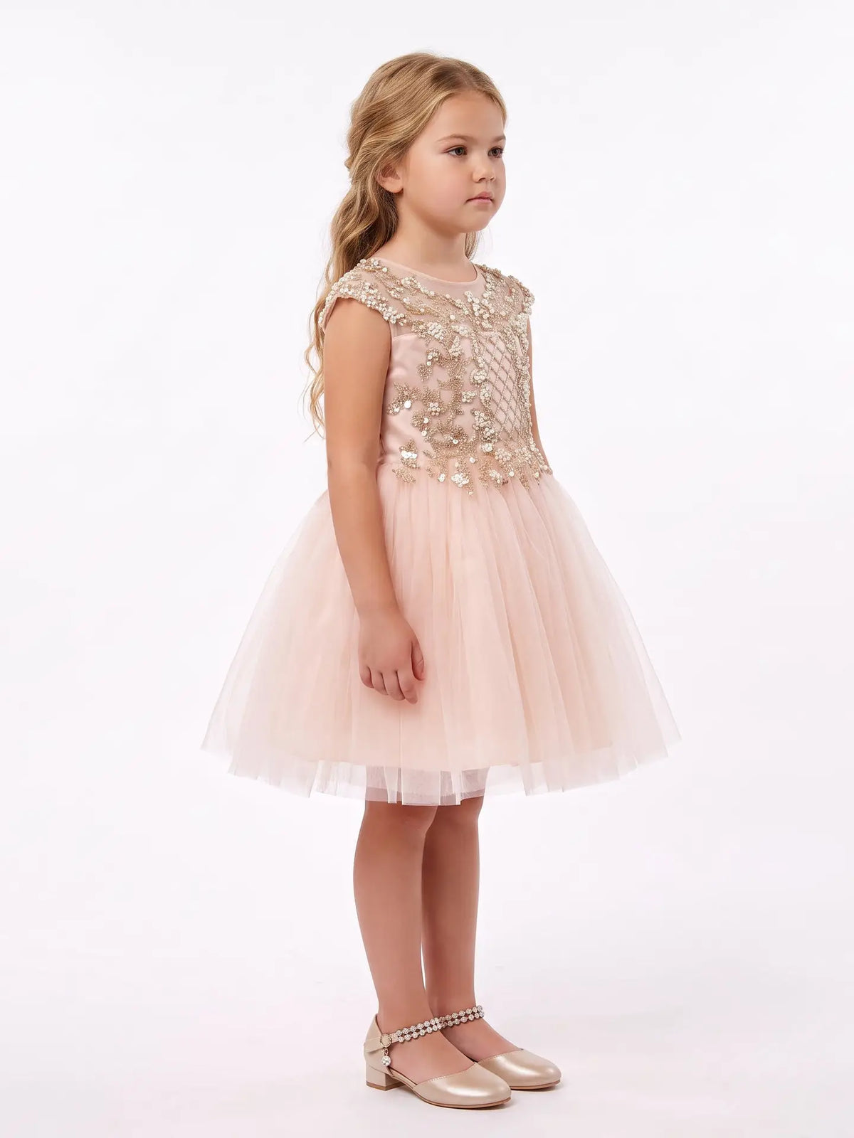 Model Wearing 2Bunnies Girls’ Blush Champagne & Gold Pearl & Sequin Embellished Tulle Party Dress